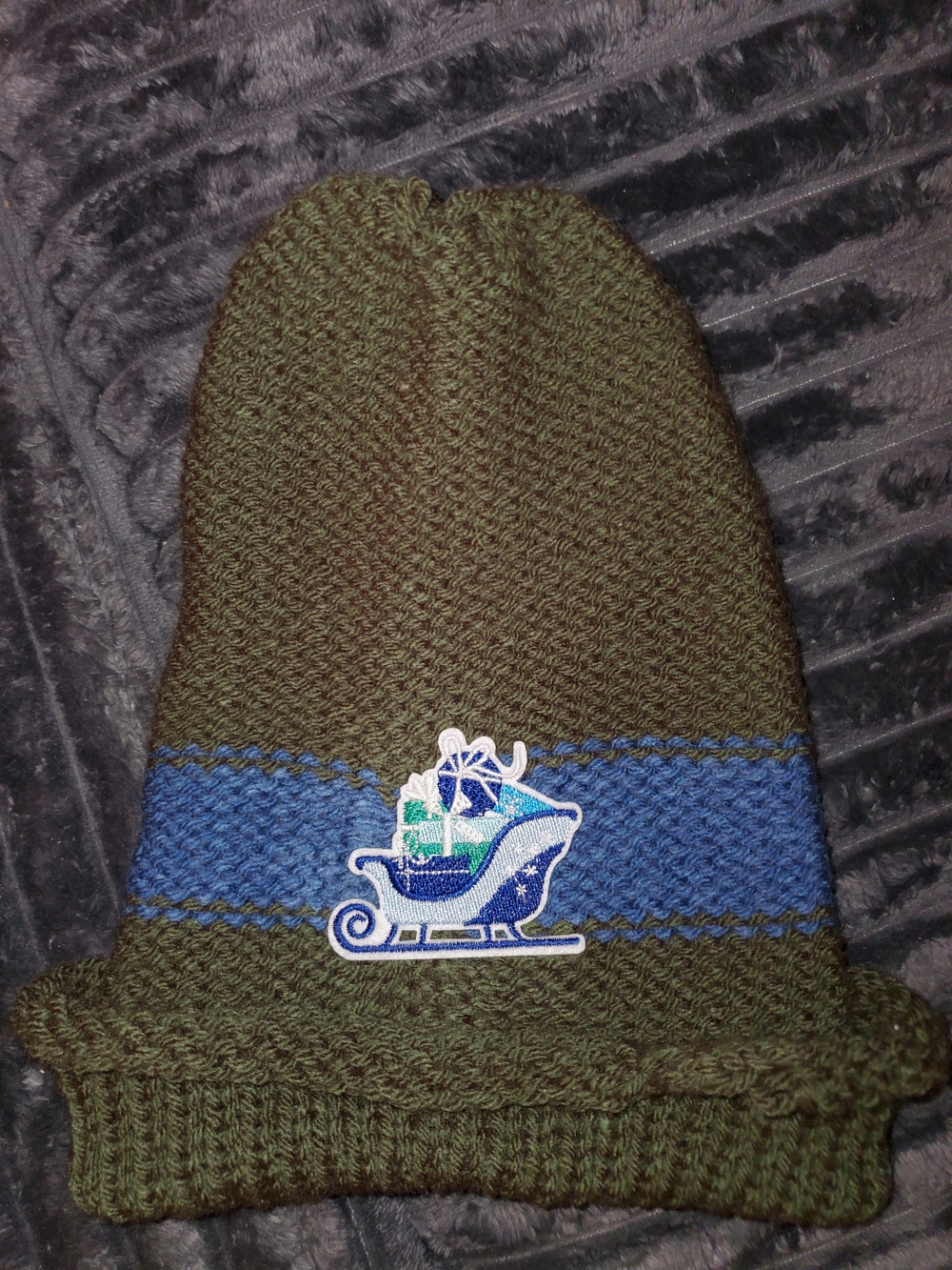 Handmade Kids Olive Knit Beanie with Blue Stripe and Sleigh Patch